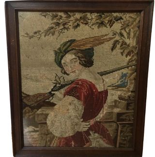 Antique Victorian Needlepoint & Petit Point “the Huntress” Tapestry Woman/rifle