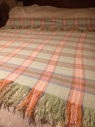 Vintage Welsh Blanket Wool Woven Fringed Pink Orange Sage Cream 74”x74”