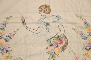 Vintage Hand Embroidered Linen Tablecloth Crinoline Lady White Floral 87x68