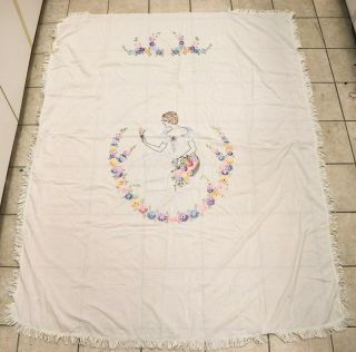 Vintage Hand Embroidered Linen Tablecloth Crinoline Lady White Floral 87x68 2