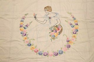 Vintage Hand Embroidered Linen Tablecloth Crinoline Lady White Floral 87x68 3