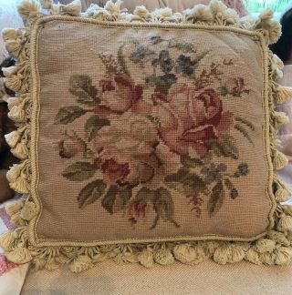 Vintage French Aubusson Tapestry Pillow Roses Forget Me Nots Tassel Trim