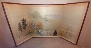 Vintage Japanese Asian Silk Quad Panel Screen Room Divider