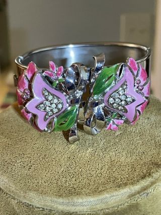 Vintage Coro Duette Bangle Bracelet With Enameled Pink Flower