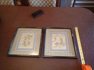 Two Vintage Chinese /japanese Silk Pictures Hand Embroidered Butterfly & Flower