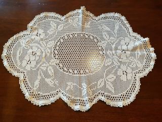 Antique 1932 60cm Ecru Mary Card Briar Rose Filet Crochet Doily Table Centrepiec