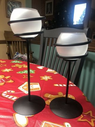 Partylite Black Swirl Metal Candle Holders With Frosted Glass Cups