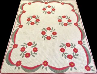 Antique 19th Century Hand Stitched 11 Spi Red Floral Ribbon Applique Quilt 92x76