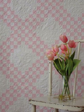 Romantic Cottage Vintage 30s Pink & White Triple Irish Chain Quilt 98x79