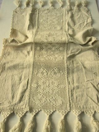 Antique Table Runner Handsewn Homespun Linen Crochet Picot Trim Tassels 21 " X58 "
