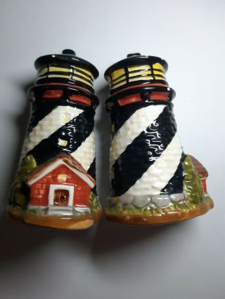 Ceramic Lighthouse Pot Salt And Pepper Shakers Beach Ocean Light House Nautical