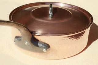 Vintage Copper Saute Sauce Pan Tin Lining Hammered W Lid 9.  1inch 5.  3lbs