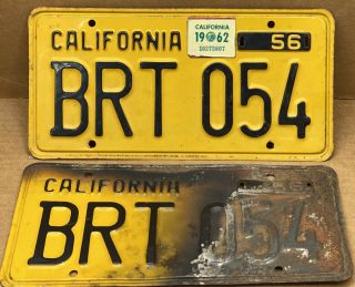 Rare Pair 1956 Dmv Clear Brt 054 (california) Car License Plate - Vintage