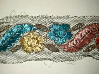 Antique 1920s Length Of Silk Embroidered Net Lace Trim Metallic Gold Accent 120 "