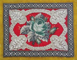 Antique Victorian Beadwork Panel Embroidered Beaded Rose Flowers Leaves Beads