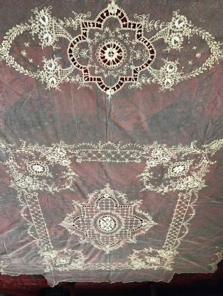 Antique French Normandy Tambour Hand Embroidery Net Lace Ecru Bedspread 107 " X82
