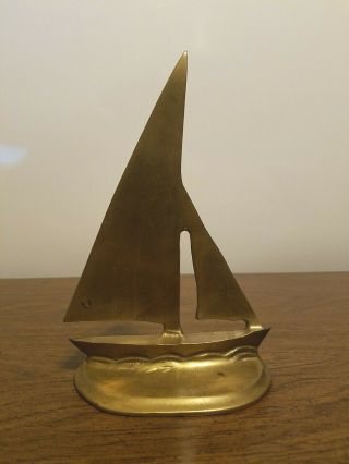 Vintage Solid Brass Sailboat Bookend Figurine Mid Century Modern Home Decor