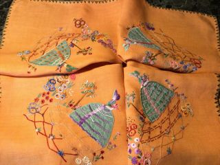Vintage Linen Embroidered Crinoline Lady Table Cloth.