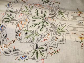 Large Vintage Embroidered Cut Work Floral Table Cloth.