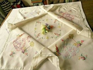 Vintage Hand Embroidered Linen Tablecloth/ Crinoline Ladies/gardens