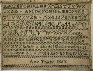 Mid 19th Century Black Stitch Work Alphabet Sampler By Ann Thirkill - 1868