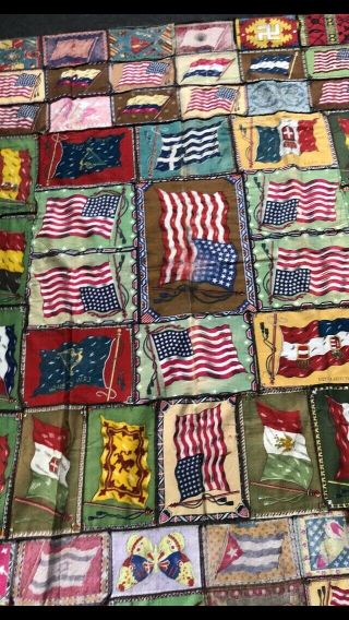 VTG 1900 - 1920 ' s Tobacco Cigar Felt / Flannel Flags Of Nations Quilt Top Colorful 3