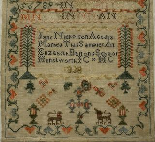 EARLY/MID 19TH CENTURY MOTIF & ALPHABET SCHOOL SAMPLER BY JANE NICHOLSON - 1838 3