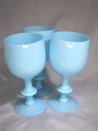 3 Vintage Portieux Vallerysthal French Blue Opaline Milk Glass Wine Goblets Stem