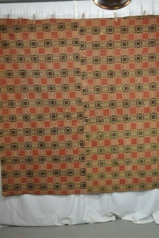 Early Coverlet Linen Wool Red Beige Blue 64x64 Hand Made 1850 19th C