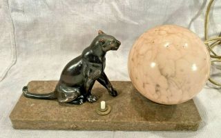 Vintage French Art Deco Lamp - Marble Base - Brass Black Panther