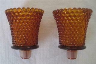 2 Vintage Amber Hobnail Glass Homco Votive Cup Peg Candle Holder Sconces