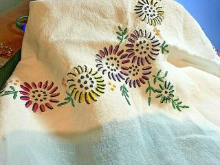 Vintage Art Deco Embroidered Linen Table Cloth