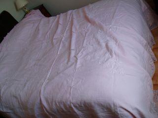 Vintage Pink Linen Lace Crochet Bed Cover / Throw 100 " X 112 "