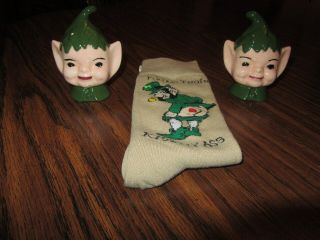 Vintage Pixie Elf Head Salt & Pepper Shakers With Bonus Irish Socks