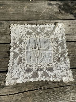 Handmade Antique Bridal Embroidered Handkerchief Hanky Floral Lace Wedding