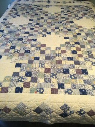 Twin Size Patchwork Quilt Hand Quilted Blue & White Squares 64 X 87 "
