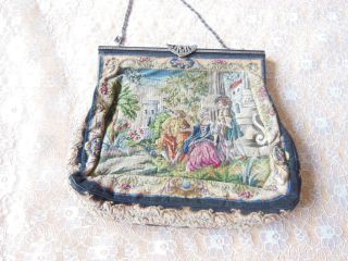 Antique Embroidered Petit Point Tapestry Hand Bag With Metal Chain/clasp