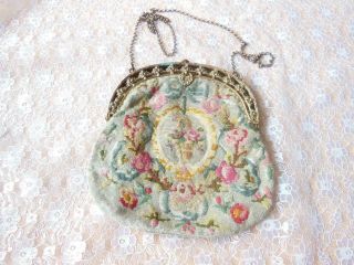 Antique/victorian Embroidered Petit Point Tapestry Hand Bag With Metal Chain
