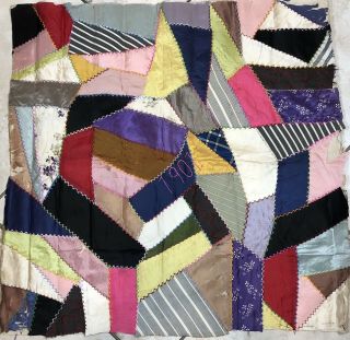 Antique Silk Crazy Quilt Top 30 " Panel Ebroidered 1901 Perfect Size For Framing