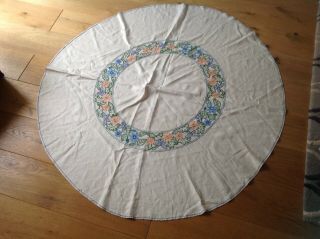 Vintage Hand Embroidered Linen Tablecloth 135cm X 135cm Round,  54 " X 54 " Vgc
