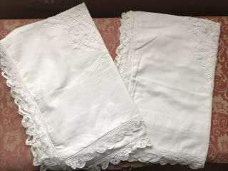 Gorgeous Vintage Pair White Standard Cotton Pillowcases Crochet Embroidery