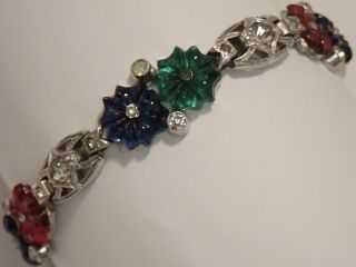 Vintage Art Deco Emerald Ruby Sapphire Fruit Salad Rhinestone Flower Bracelet