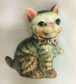 Vintage Miniature Tiger Cat Figurine W Red Bow Tie 2 1/2 " Tall Unmarked