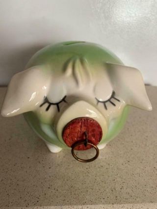 Vintage 1957 Corky Pig Hull Ceramic Piggy Bank Rare Green Color