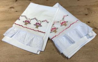 Pair Vintage 1980,  S Cotton Embroidered Pillowcases Basket Flowers Cottage Core