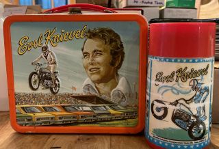 Vintage 1974 Aladdin Evel Knievel 3 - D Metal Lunch Box,  Thermos