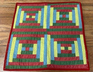 Antique Pa C 1850s Log Cabin Table Doll Quilt Turkey Red Green Mustard