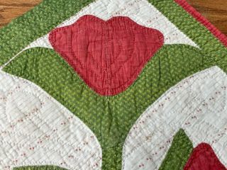Early c 1850s ALBUM Applique Quilt pc Antique Turkey Red Green HEARTs 3