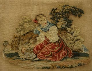 Small Mid/late 19th Century Needlework Of A Young Girl With Fruit - C.  1870