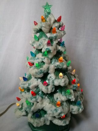 Vintage 11 " Holland Mold Ceramic Christmas Tree Heavy Snow Cap Edges 2 Pc